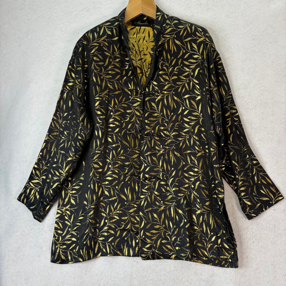 Mureli Black/Gold Metallic Silk Leaf Frog Button Jacket Women L Chinoiserie Luxe